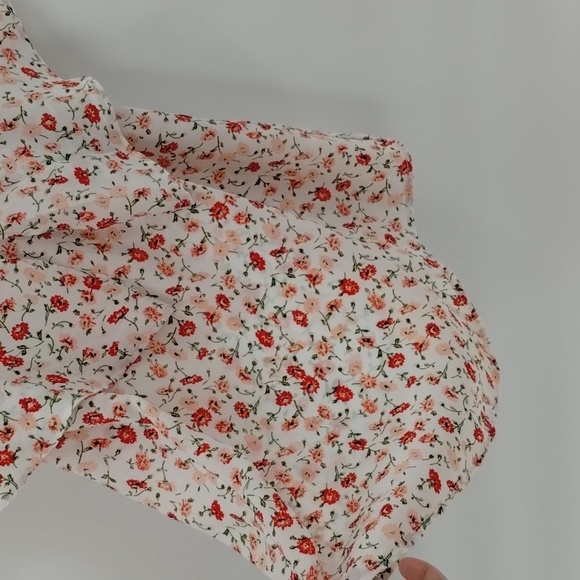 7th Avenue by NY & Co blouse XS floral open shoulder pink white top flowy - Picture 3 of 7